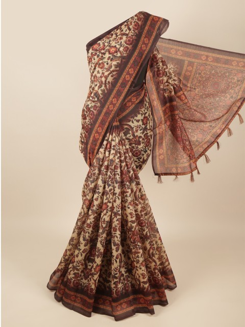 

Pothys Cream-Coloured & Brown Floral Jute Silk Saree