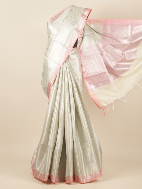 

Pothys Silver-Toned & Pink Woven Design Zari Tissue Saree