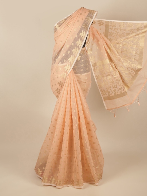 

Pothys Peach-Coloured & Gold-Toned Floral Zari Saree