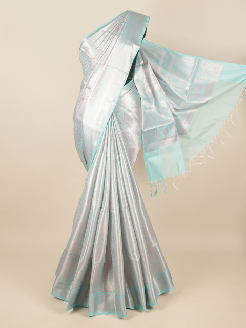 

Pothys Blue & Silver-Toned Ethnic Motifs Zari Tissue Saree