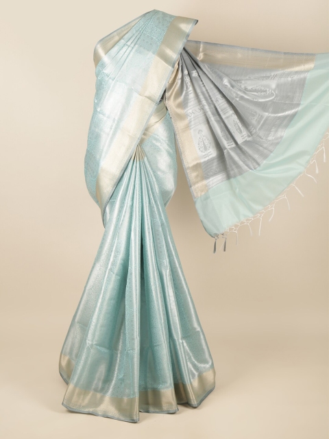 

Pothys Blue & Silver-Toned Floral Zari Tissue Saree