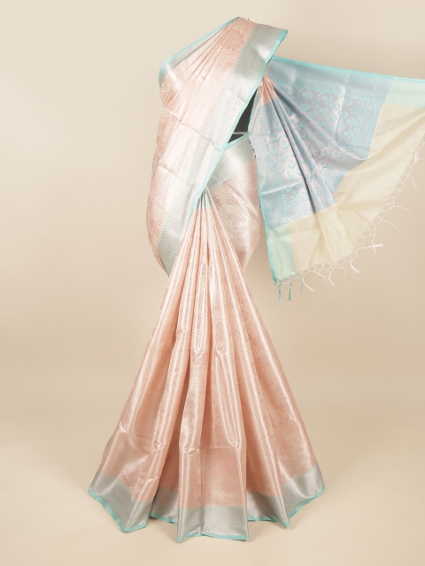 

Pothys Peach-Coloured & Blue Ethnic Motifs Zari Tissue Saree