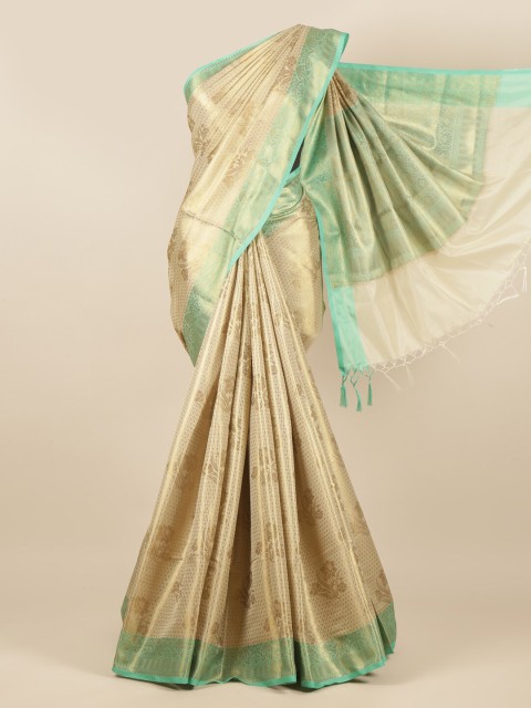 

Pothys Beige & Green Ethnic Motifs Zari Tissue Saree
