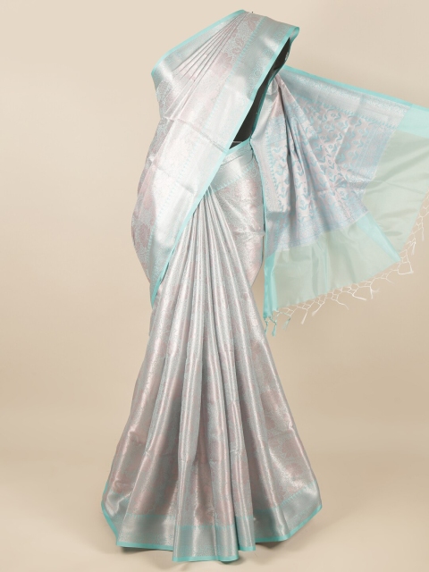 

Pothys Silver-Toned & Sea Green Woven Design Zari Tissue Saree