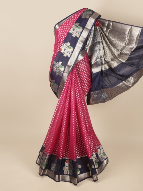

Pothys Pink & Navy Blue Ethnic Motifs Zari Tissue Saree