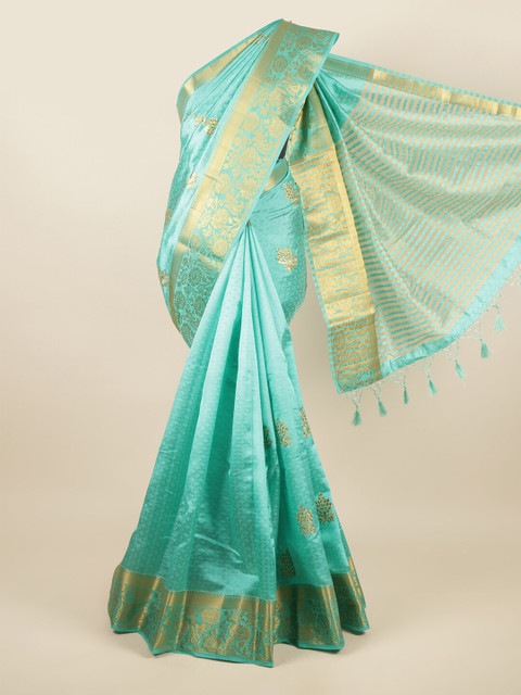 

Pothys Green & Gold-Toned Floral Embroidered Zari Art Silk Saree