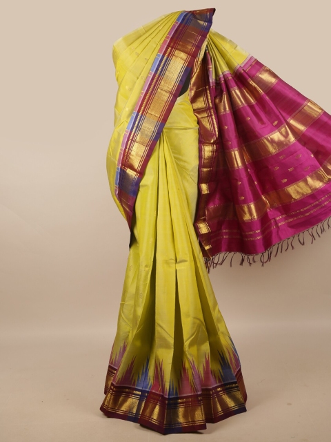 

Pothys Lime Green & Magenta Floral Zari Pure Silk Kanjeevaram Saree
