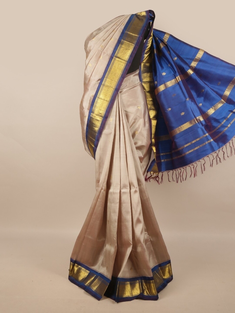 

Pothys Taupe & Blue Woven Design Zari Pure Silk Kanjeevaram Saree