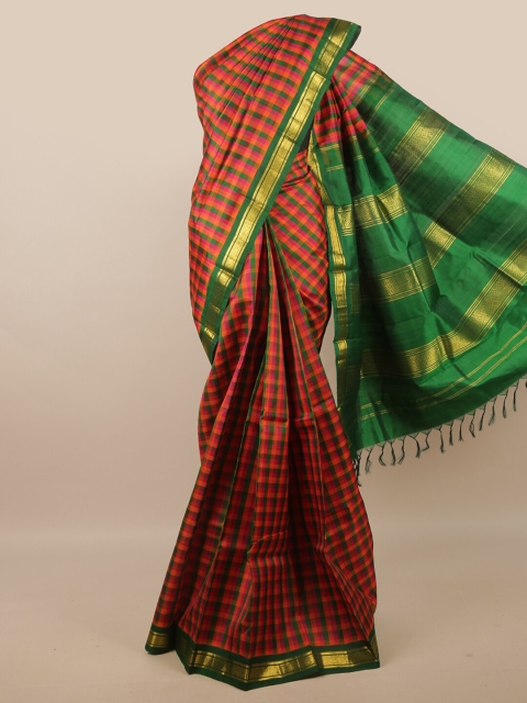 

Pothys Red & Green Checked Zari Pure Silk Kanjeevaram Saree