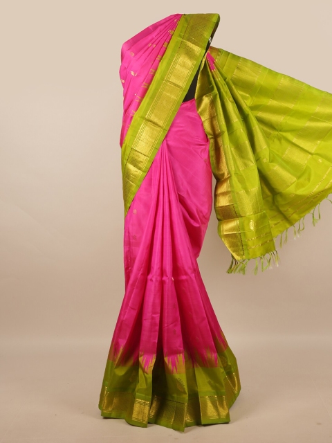 

Pothys Pink & Green Ethnic Motifs Zari Pure Silk Kanjeevaram Saree