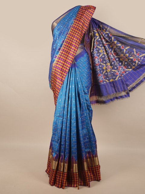 

Pothys Blue & Orange Ethnic Motifs Printed Pure Silk Kanjeevaram Saree