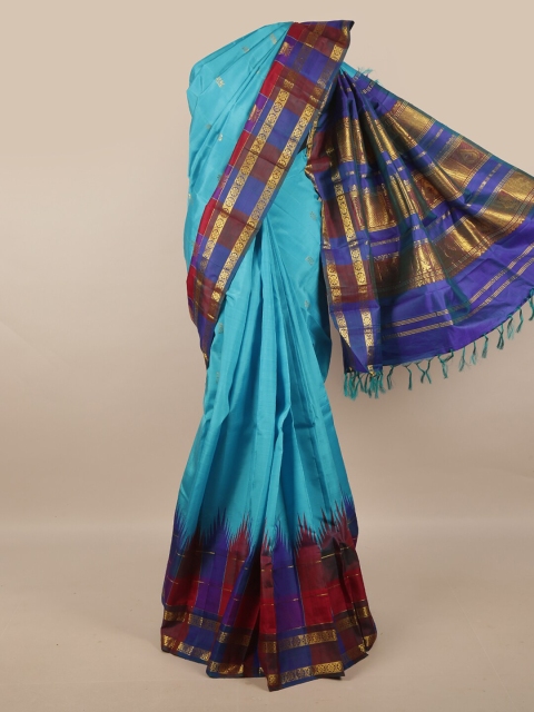 

Pothys Turquoise Blue & Red Ethnic Motifs Zari Pure Silk Kanjeevaram Saree