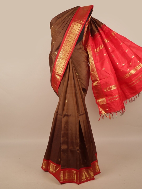 

Pothys Brown & Red Woven Design Zari Pure Silk Kanjeevaram Saree