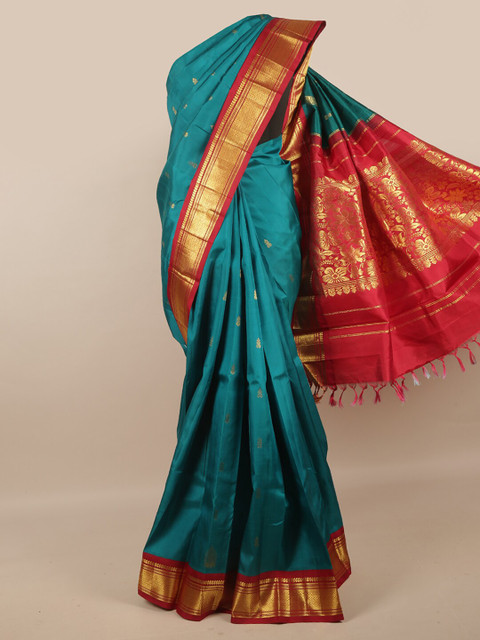 

Pothys Green & Red Ethnic Motifs Zari Pure Silk Kanjeevaram Saree