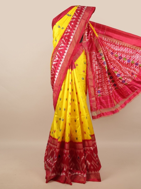 

Pothys Yellow & Magenta Printed Zari Pure Silk Kanjeevaram Saree