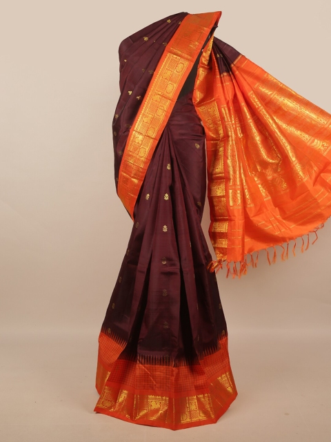 

Pothys Brown & Orange Ethnic Motifs Zari Pure Silk Kanjeevaram Saree