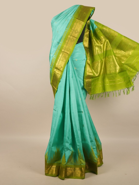 

Pothys Turquoise Blue & Gold-Toned Woven Design Zari Pure Silk Kanjeevaram Saree