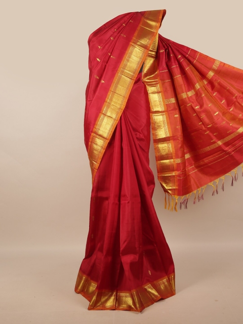 

Pothys Maroon & Orange Ethnic Motifs Zari Pure Silk Kanjeevaram Saree