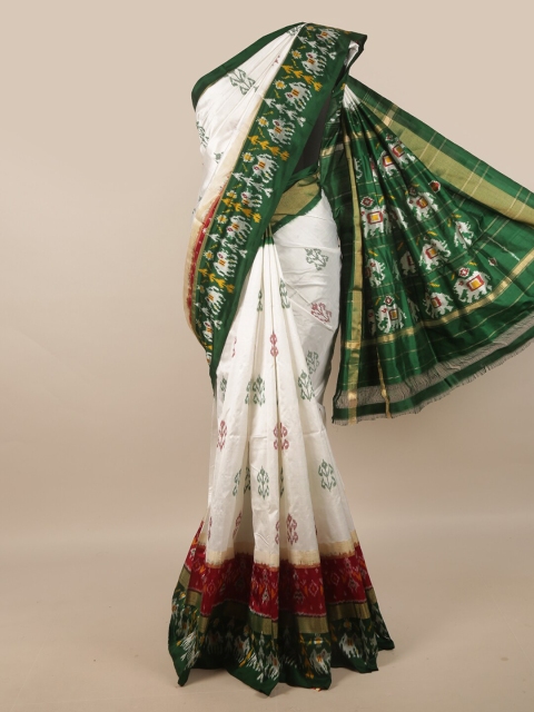 

Pothys White & Green Ethnic Motifs Zari Pure Silk Kanjeevaram Saree