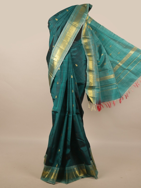 

Pothys Teal & Gold-Toned Ethnic Motifs Zari Pure Silk Kanjeevaram Saree