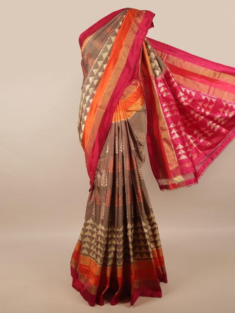 

Pothys Taupe & Orange Ethnic Motifs Pure Silk Kanjeevaram Saree