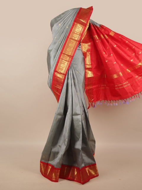 

Pothys Grey & Red Ethnic Motifs Zari Pure Silk Kanjeevaram Saree