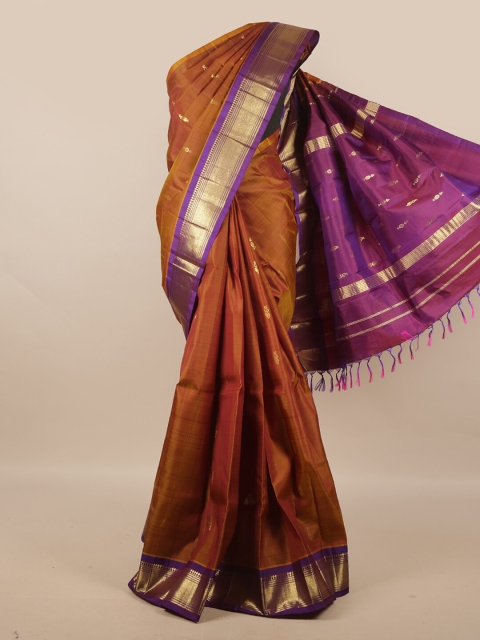 

Pothys Rust & Violet Ethnic Motifs Zari Pure Silk Kanjeevaram Saree