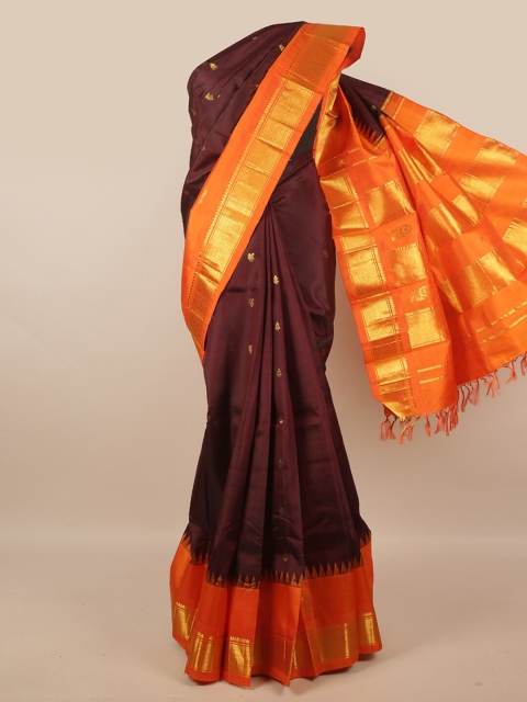 

Pothys Brown & Orange Ethnic Motifs Zari Pure Silk Kanjeevaram Saree