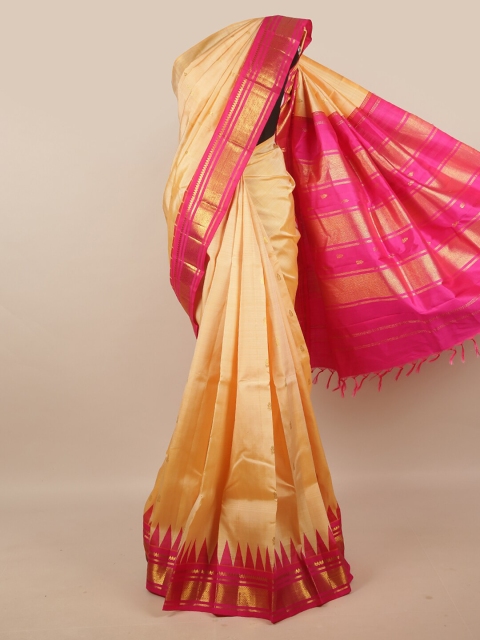 

Pothys Peach-Coloured & Fuchsia Ethnic Motifs Zari Pure Silk Kanjeevaram Saree