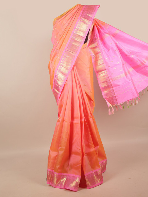 

Pothys Peach-Coloured & Pink Ethnic Motifs Zari Pure Silk Kanjeevaram Saree