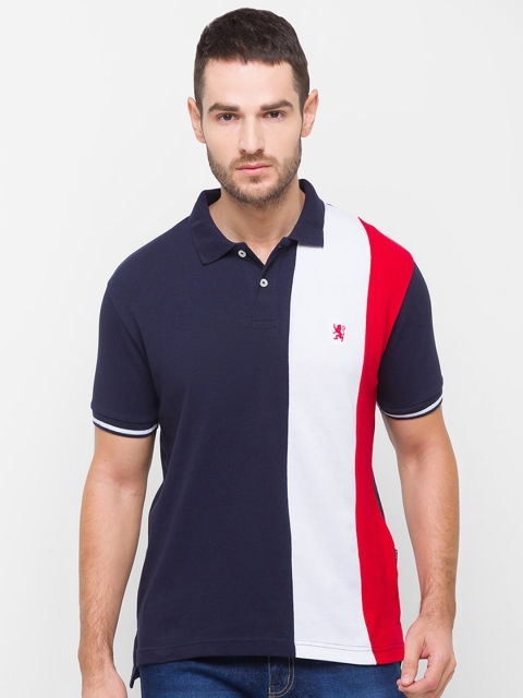 

GIORDANO Men Navy Blue & White Colourblocked Polo Collar Slim Fit Cotton T-shirt