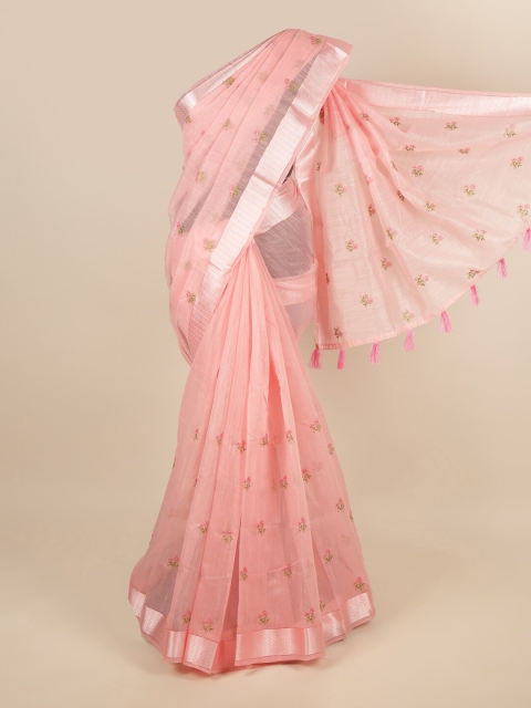 

Pothys Pink & Green Floral Embroidered Zari Border Saree