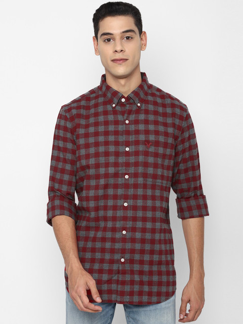 

AMERICAN EAGLE OUTFITTERS Men Red Slim Fit Buffalo Checks Checked Pure Cotton Casual Shirt