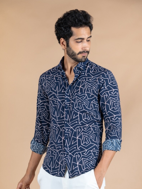 

Tistabene Men Blue Printed Regular Fit Cotton Casual Shirt