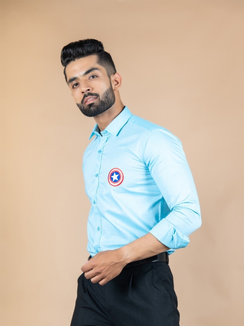 

Tistabene Men Blue Captain America Embroidered Casual Shirt