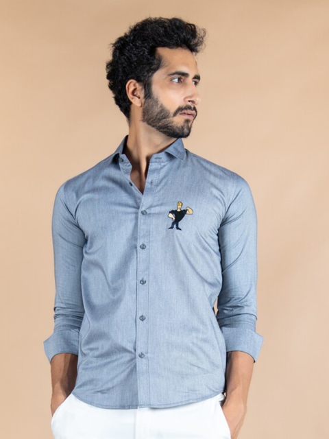 

Tistabene Men Grey Johnny Bravo Embroidered Cotton Casual Shirt