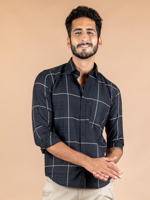

Tistabene Men Black Windowpane Checks Checked Casual Shirt