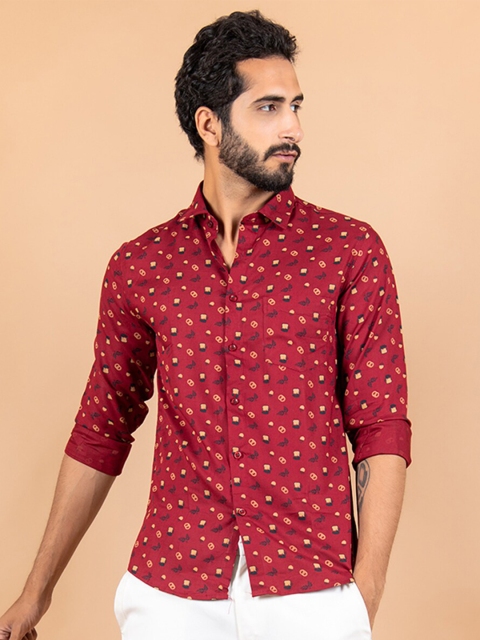 

Tistabene Men Red Printed Regular Fit Cotton Casual Shirt