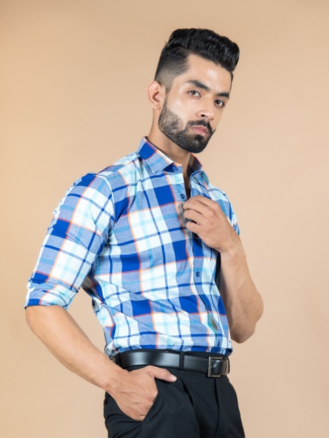 

Tistabene Men Blue Tartan Checks Checked Cotton Casual Shirt