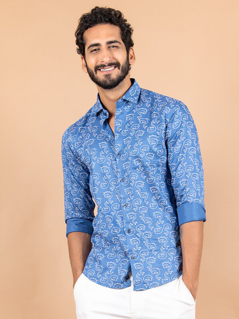 

Tistabene Men Blue Printed Regular Fit Cotton Casual Shirt