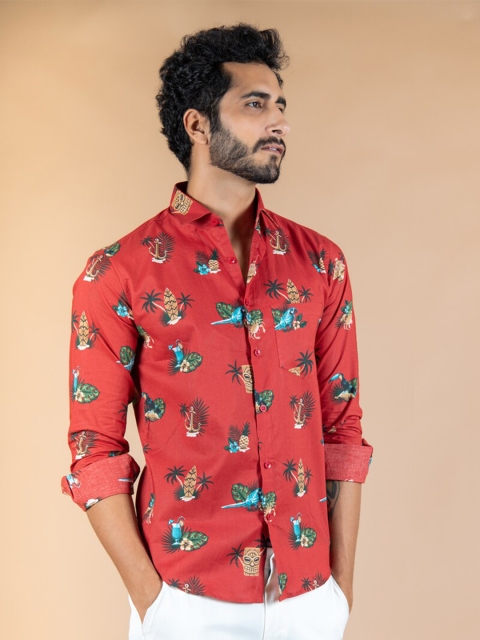 

Tistabene Men Red Floral Printed Regular Fit Cotton Casual Shirt