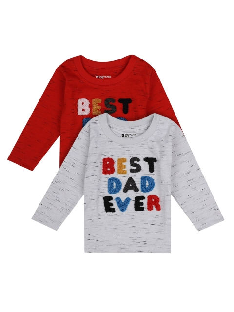 

Bodycare Kids Pack of 2 Boys Red & Grey Melange Typography Printed Applique T-shirt