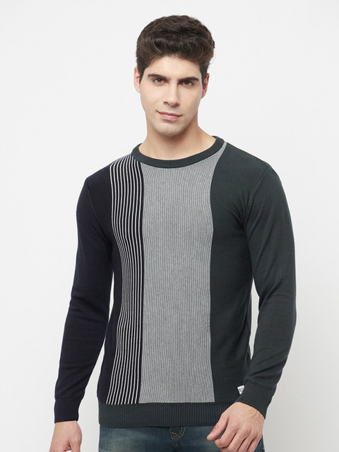 

METTLE Men Green & Grey Colourblocked Pullover