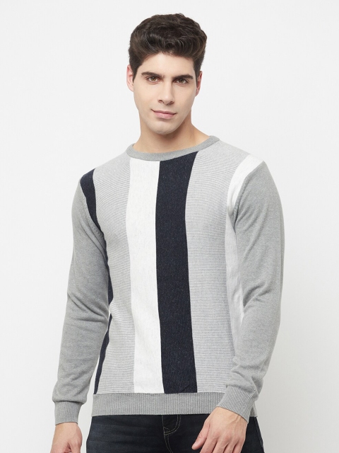 

METTLE Men Grey & White Striped Pullover