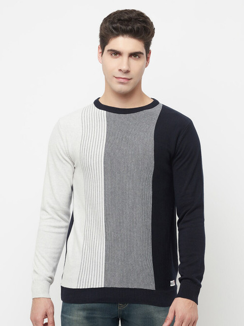 

METTLE Men Navy Blue & White Colourblocked Pullover