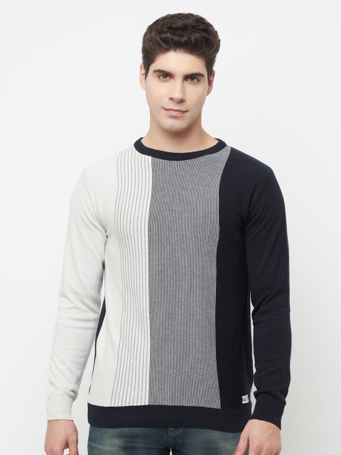 

METTLE Men Navy Blue & White Colourblocked Pullover