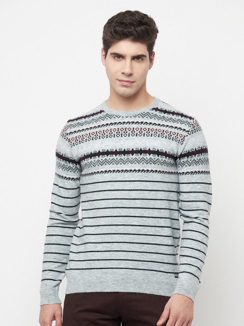 

METTLE Men Grey & Black Striped Pullover