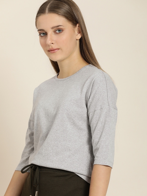 

ether Women Grey Solid Round Neck T-shirt