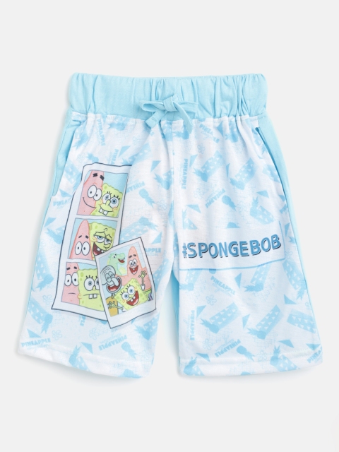 

Eteenz Boys Blue & White Pure Cotton Spongebob Printed Regular Shorts