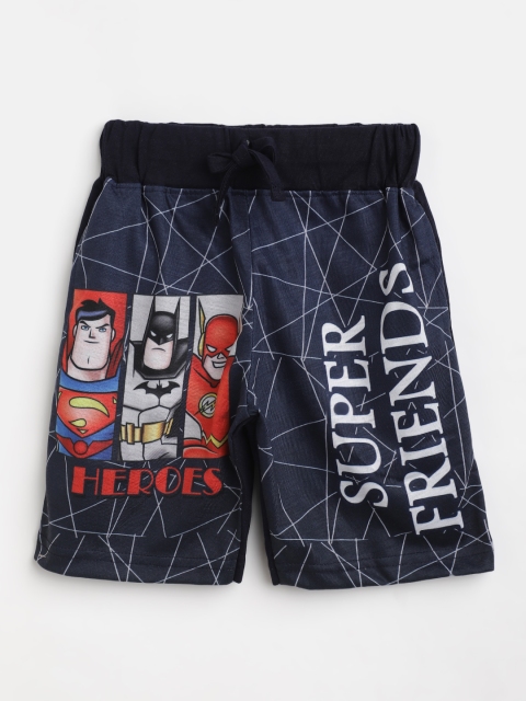 

Eteenz Boys Navy Blue & Red Pure Cotton Justice League Printed Regular Shorts